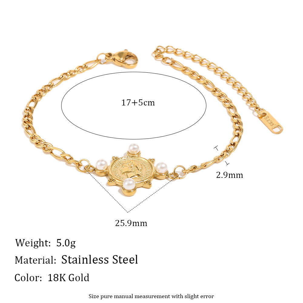 Pulsera de moneda de cadena Fígaro chapada en oro de acero inoxidable geométrica elegante vintage para mujer