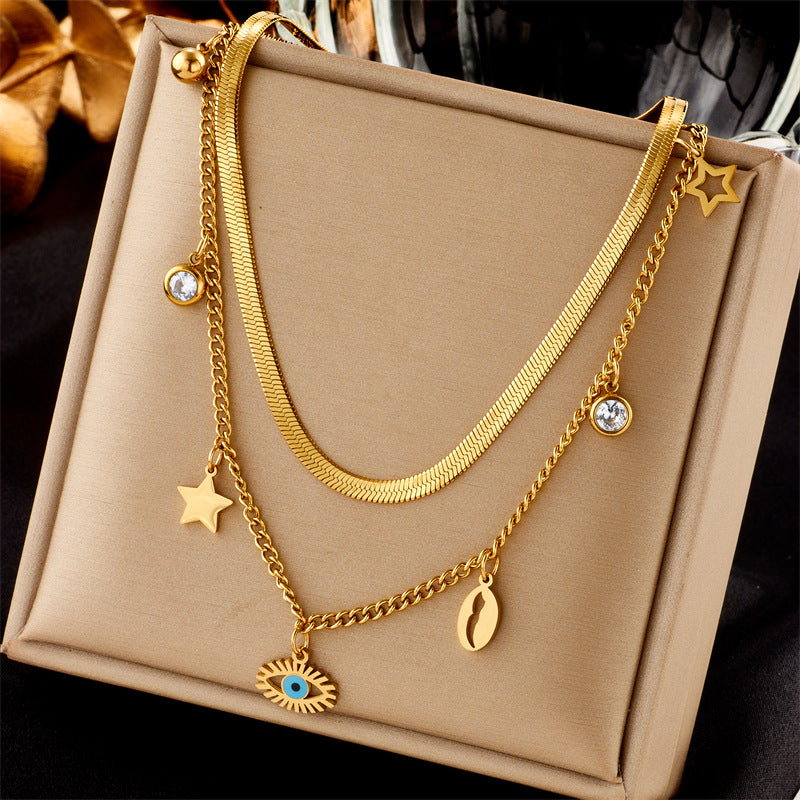 Collana Girocollo Minimalista in Acciaio Inossidabile con Ciondolo Rotondo a Perla e Charm a Forma di Occhio