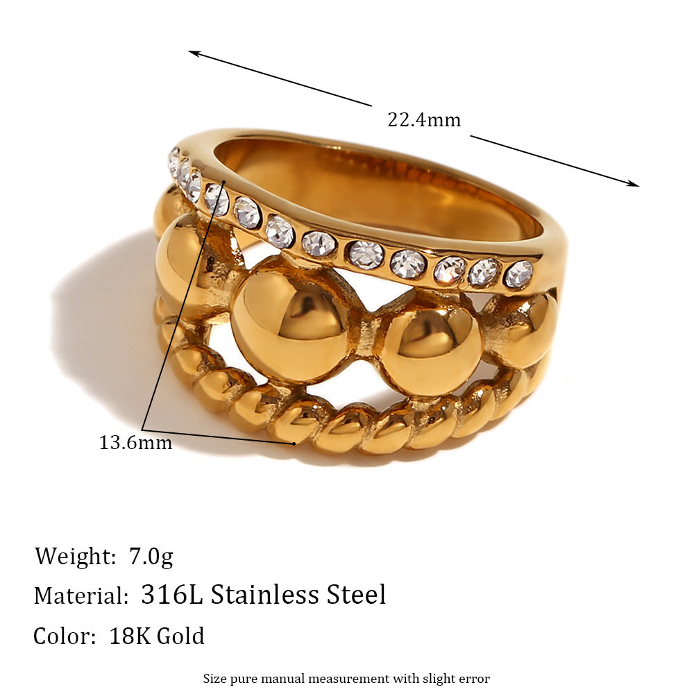 Minimalist Geometric Stainless Steel Ring with 18K Gold Plating and Micro-Paved Zirconia for Women
