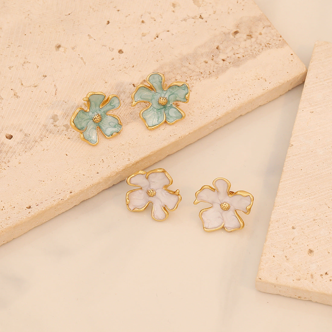Fashionable Floral Geometric Stainless Steel Stud Earrings with Enamel Finish for Women