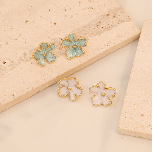 Fashionable Floral Geometric Stainless Steel Stud Earrings with Enamel Finish for Women
