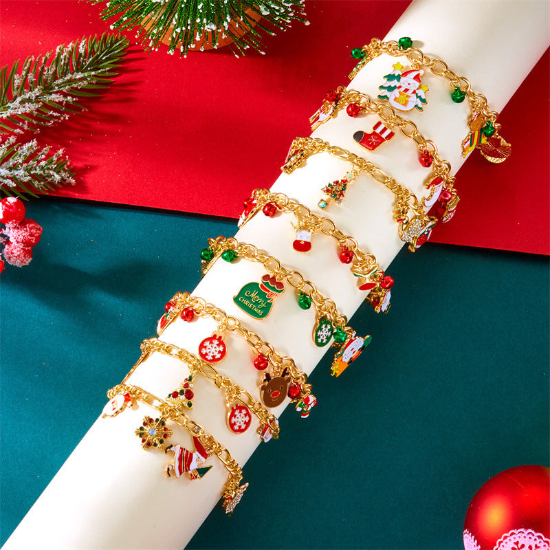 Fashionable Enamel Alloy Bracelet with Santa Claus and Reindeer Motifs for Women, Holiday-Themed Geometric Cartoon Design