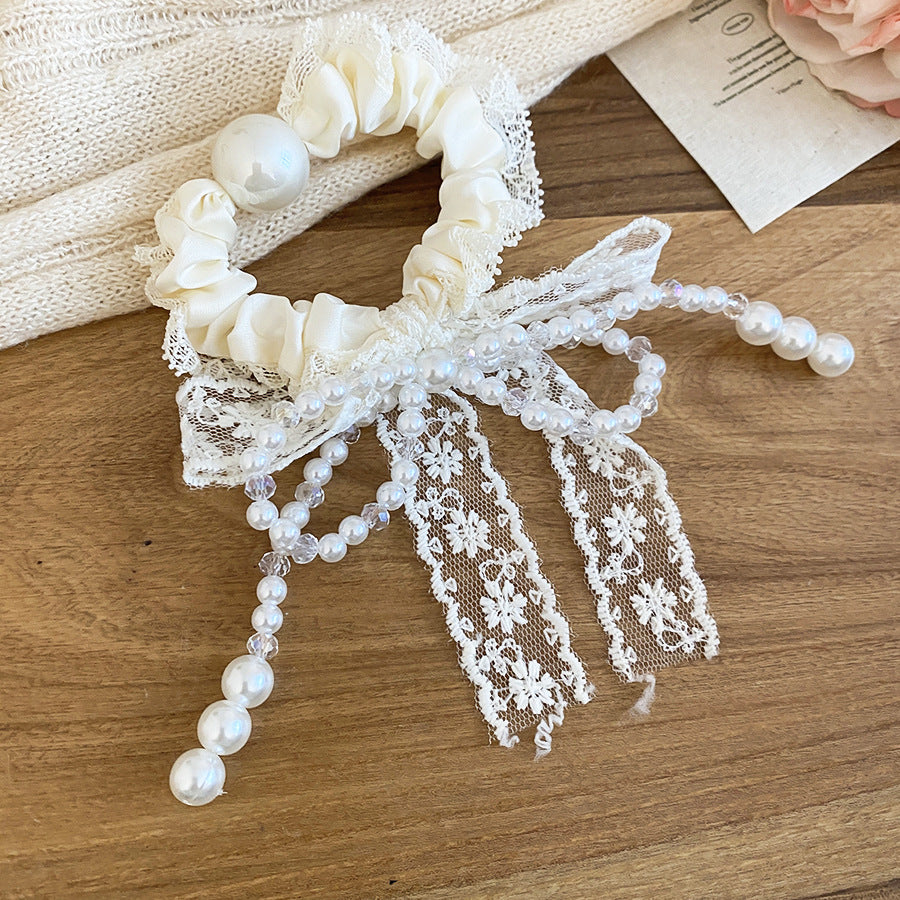 Elegante lazo para el cabello de tela con perlas de imitación para mujer, cierre magnético, hecho a mano, versátil sujetador de cola de caballo con tacto de lujo
