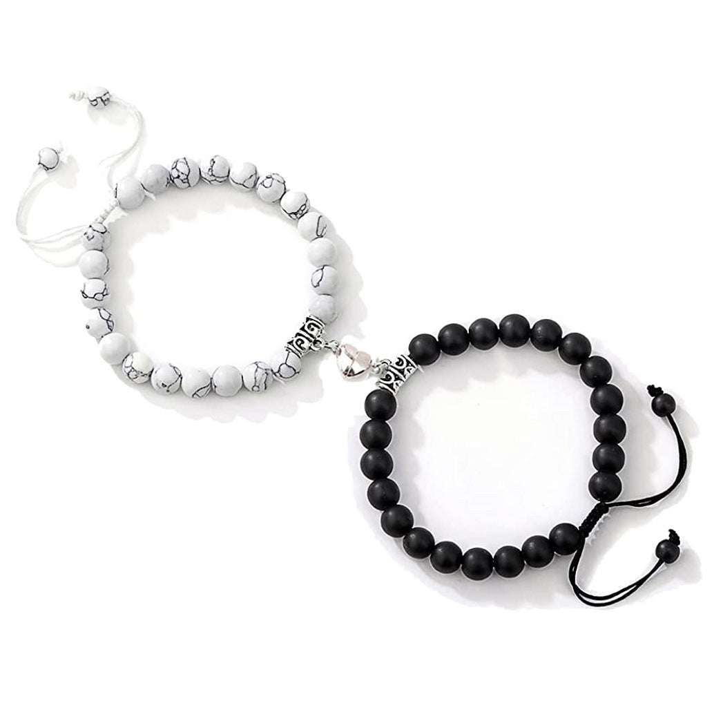 Matte Alloy Heart Bracelet with Turquoise Crystal Inlay Unisex Magnetic Couple Set
