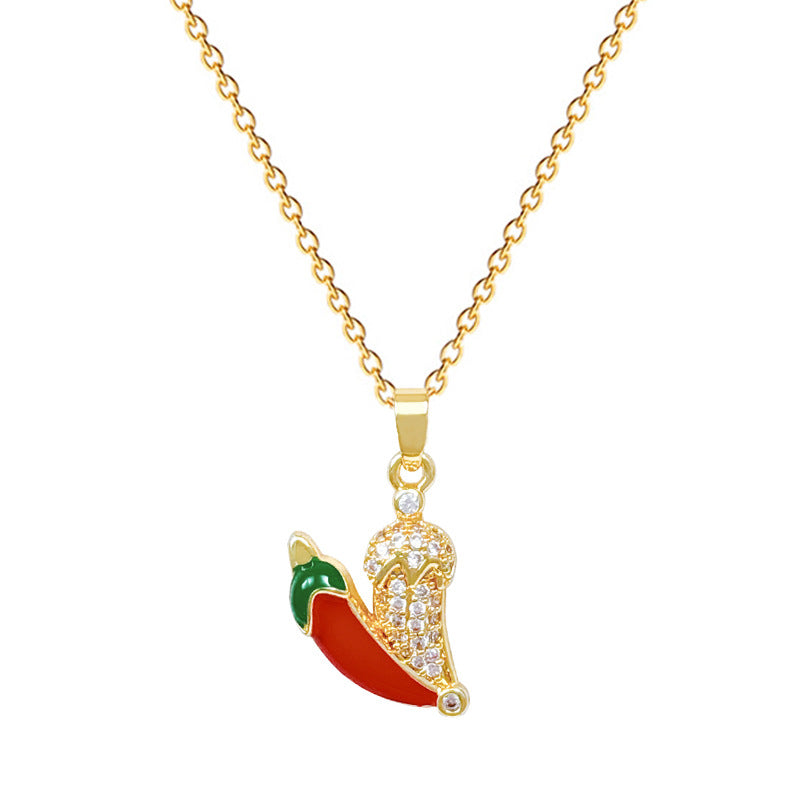 Sweet Elegant Geometric Vegetable Chili Drip Oil Rhinestone Pendant Necklace Titanium Steel Cable Chain for Unisex