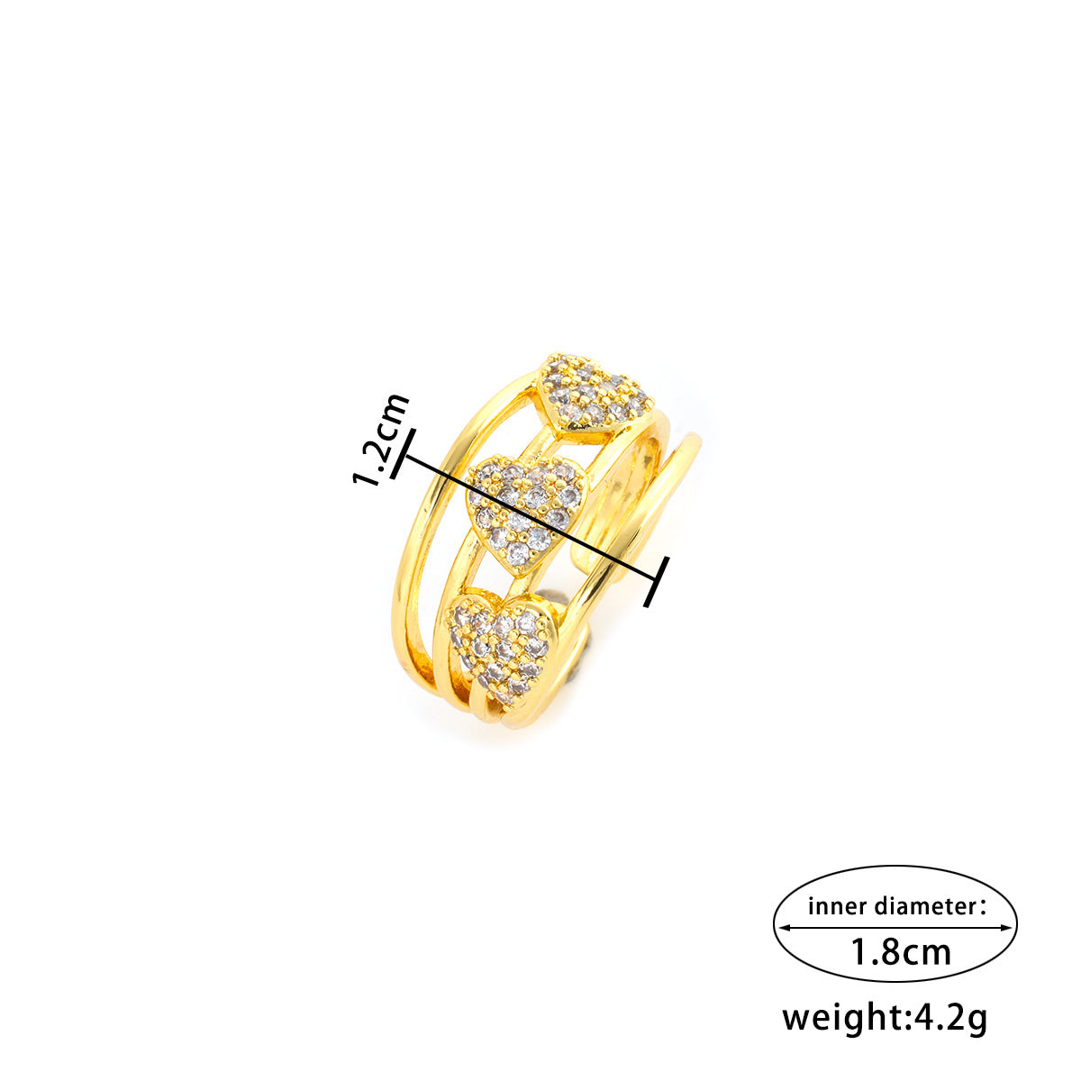 Light Luxury Geometric Heart Ring Adjustable Open Copper Rhinestone 18K Gold Plated Women