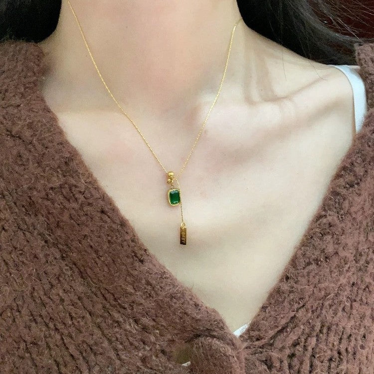 Minimalist Elegant Letter Teardrop Titanium Steel Plated Necklace with Emerald Cubic Zirconia and Tassel Chain for Women