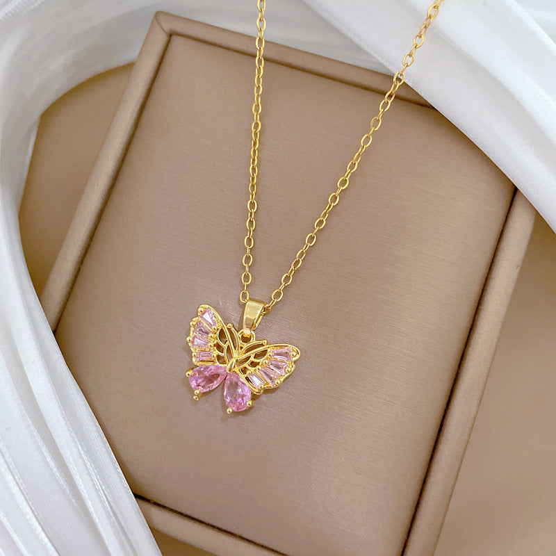 Sweet Minimalist Butterfly Rhinestone Titanium Steel Necklace for Unisex