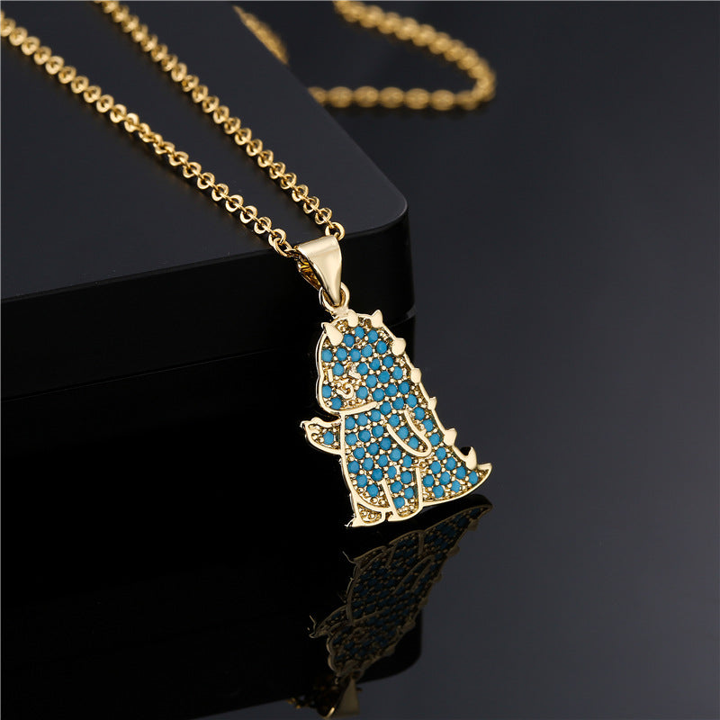 Sweet Geometric Dinosaur 18K Gold Plated Brass Cubic Zirconia Pendant Necklace for Women