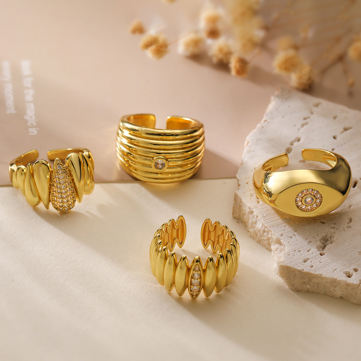 Minimalist Geometric Open Ring for Women Made of Copper with 18K Gold Plating and Zircon Inlay