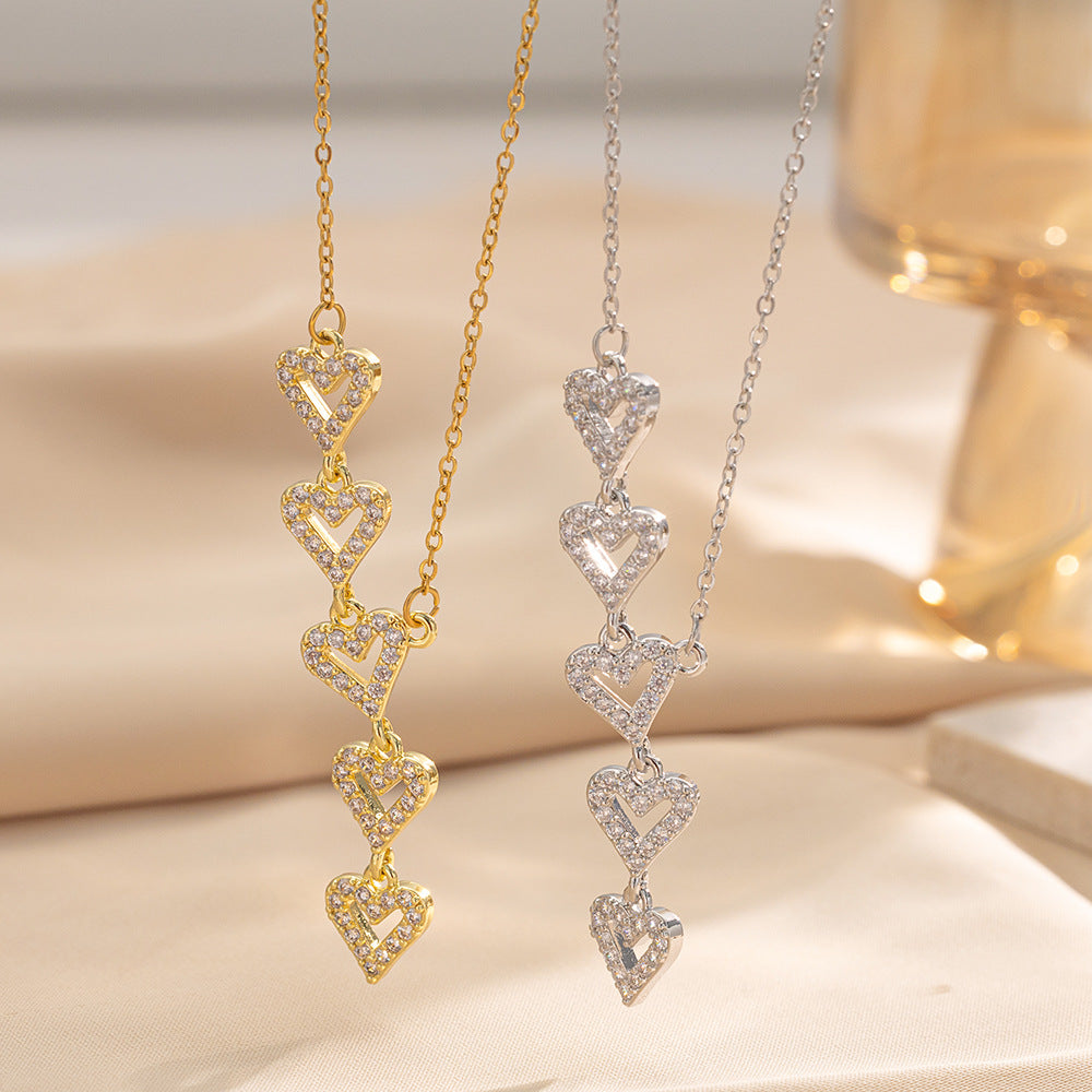 Luxury Minimalist Heart-Shaped Titanium Steel Necklace with Rhinestone Inlay for Women, O-Chain Pendant Jewelry