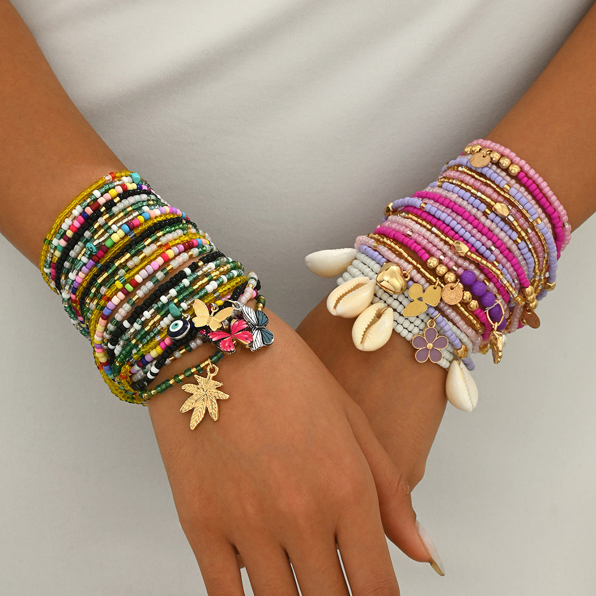 Set de pulseras trenzadas multicapa para mujer, estilo OL elegante y minimalista, con detalles de concha, nudo de lazo, hoja y formas geométricas