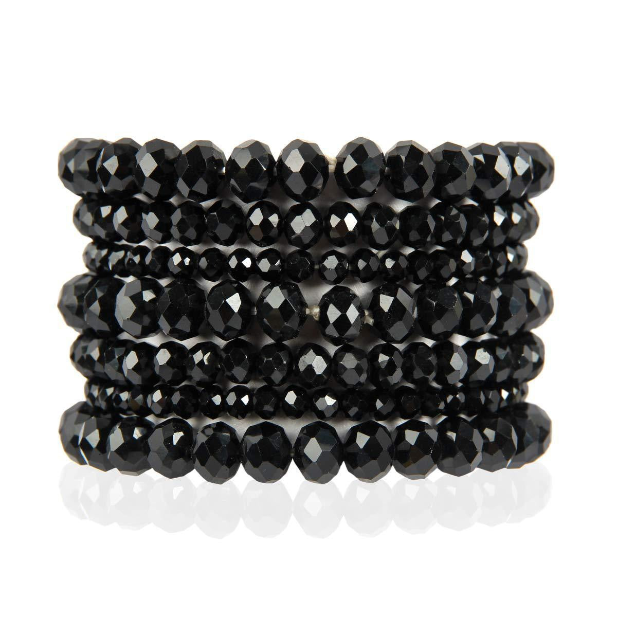 Minimalist Geometric Black Crystal Beaded Bracelet Set with Faceted Octagonal Stones Elastic Bohemian Wristwear