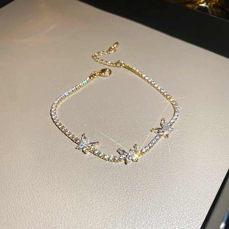 Luxury Floral Bracelet with Zircon Inlay for Women, Elegant Fashion Hand Chain with Butterfly Motif
