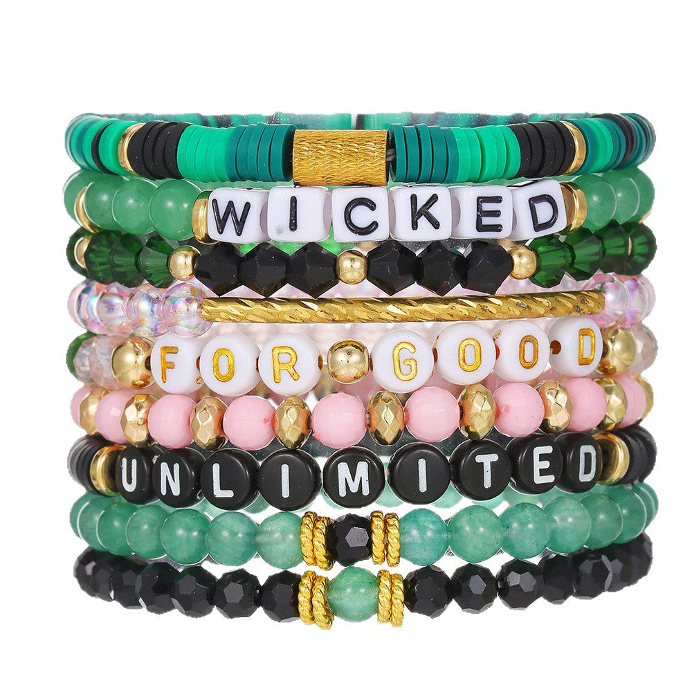 Casual Handmade Polymer Clay and Acrylic Letter Bead Stretch Bracelet