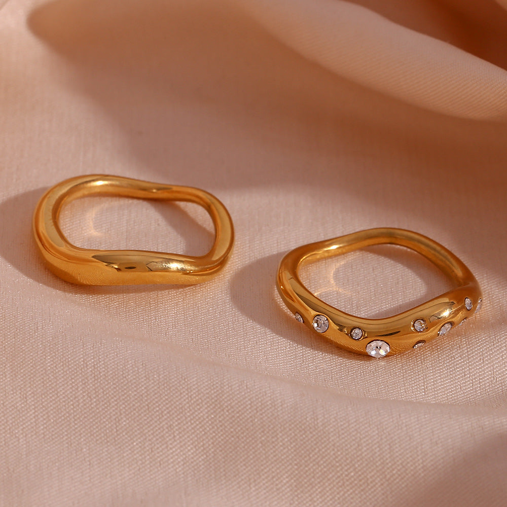 Minimalist Geometric Stainless Steel Ring with 18K Gold Plating and Micro-Pave Curved Design for Women