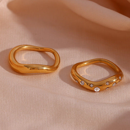 Minimalist Geometric Stainless Steel Ring with 18K Gold Plating and Micro-Pave Curved Design for Women