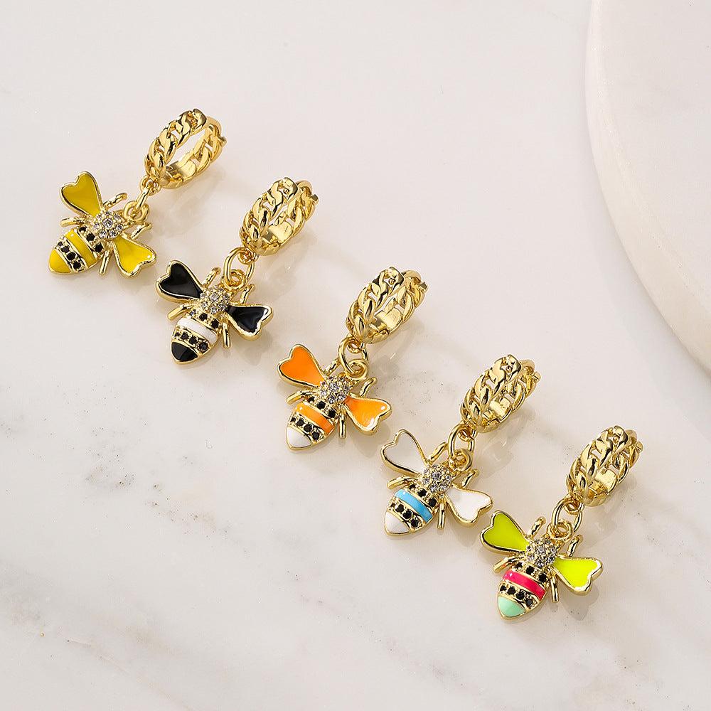 Minimalist Bee-Shaped Copper Pendant Earrings with 18K Gold Plating and Enamel Finish for Women