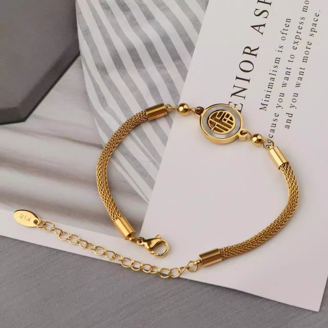 Original Design Chinese New Year Fortune Character Woven 18K Gold Plated Titanium Steel Bracelet for Women
