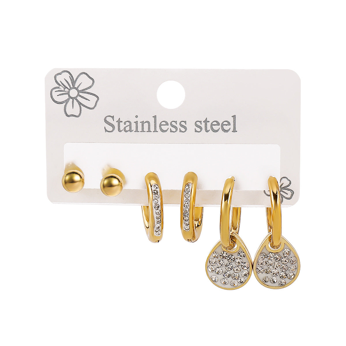 Minimalist Geometric Stainless Steel Rhinestone Ear Studs Set with Enamel Finish for Women
