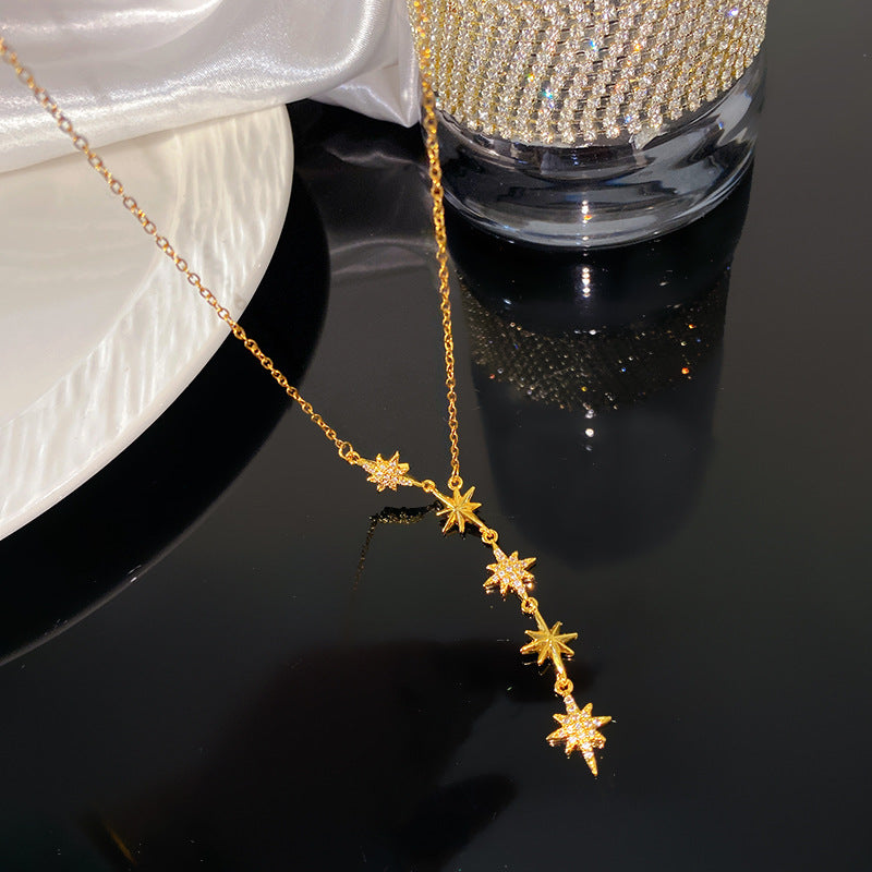 Micro-Paved Cubic Zirconia Star Floral Tassel Titanium Steel Necklace for Women