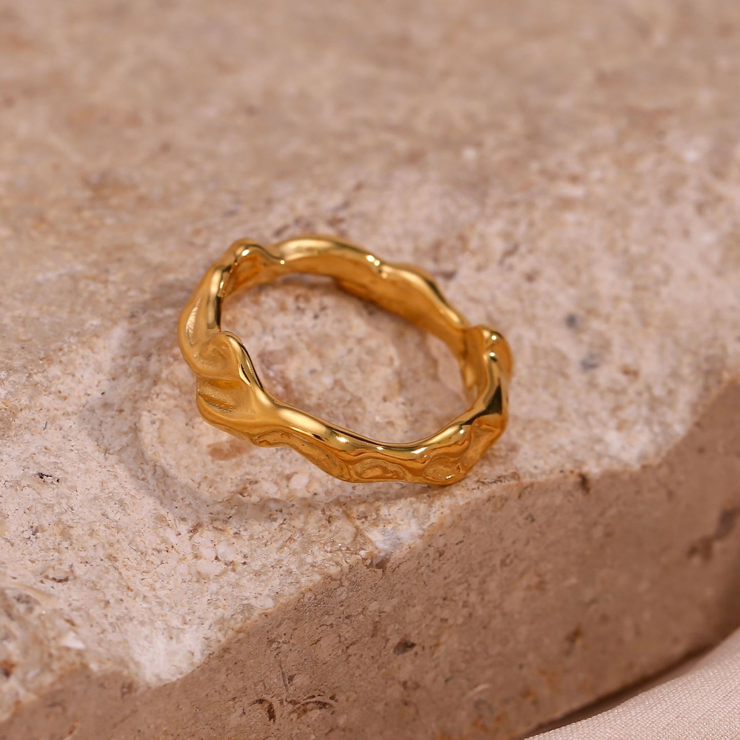 Minimalist Geometric Stainless Steel Gold-Plated Irregular Surface Ring for Women