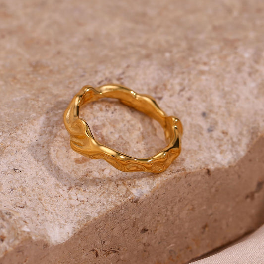 Minimalist Geometric Stainless Steel Gold-Plated Irregular Surface Ring for Women