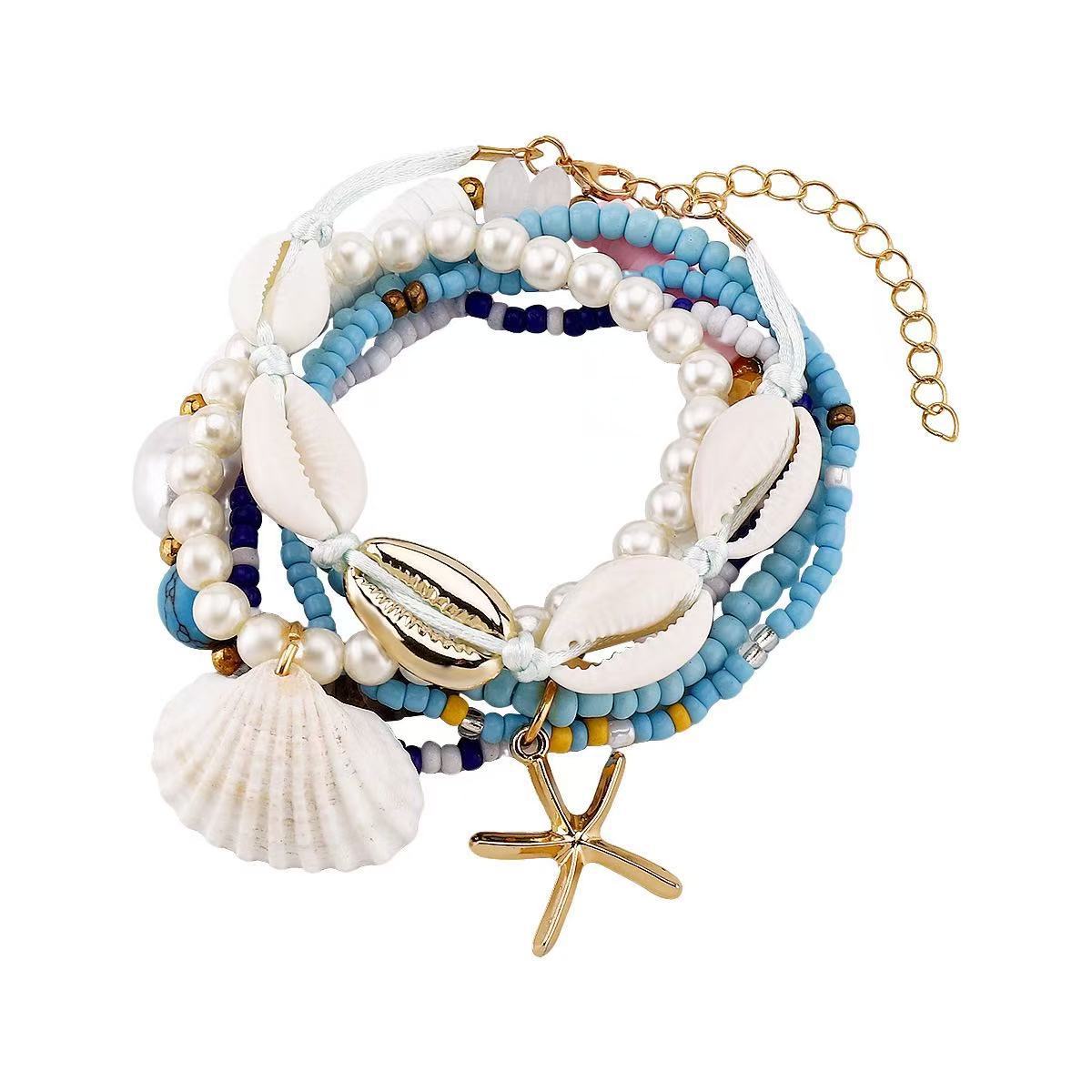 Set di bracciali da donna in stile bohémien con stelle marine e conchiglie, tessuti a mano