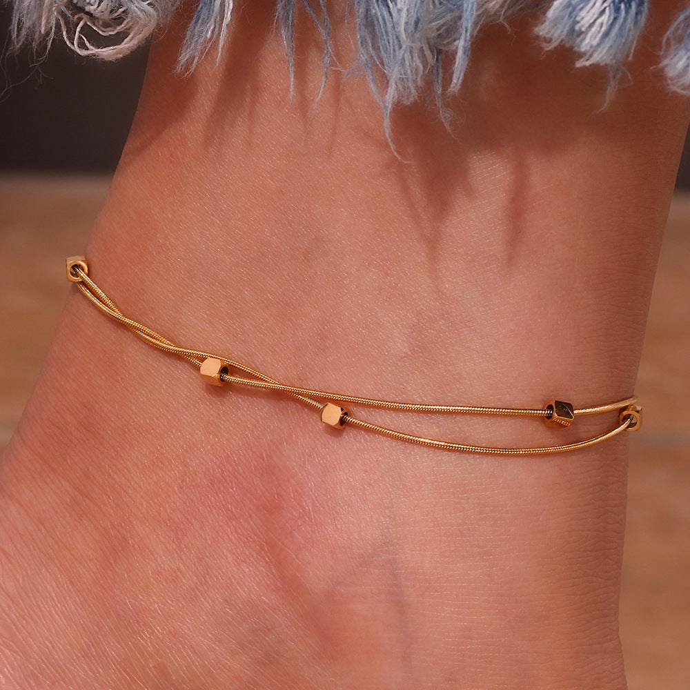 Minimalist Geometric Stainless Steel Anklet with 18K Gold Plated Cubic Beads and Double Snake Chain for Women
