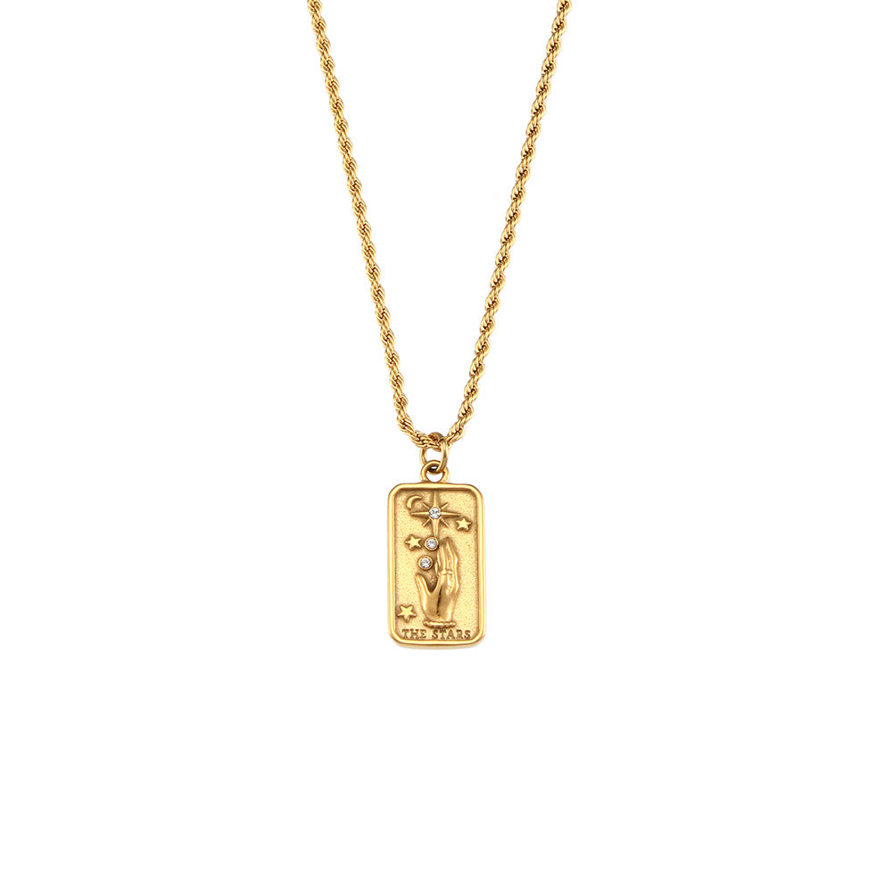 Fashionable Vintage Rectangular Titanium Steel Pendant Necklace with Enamel Finish and Zircon Inlay for Women