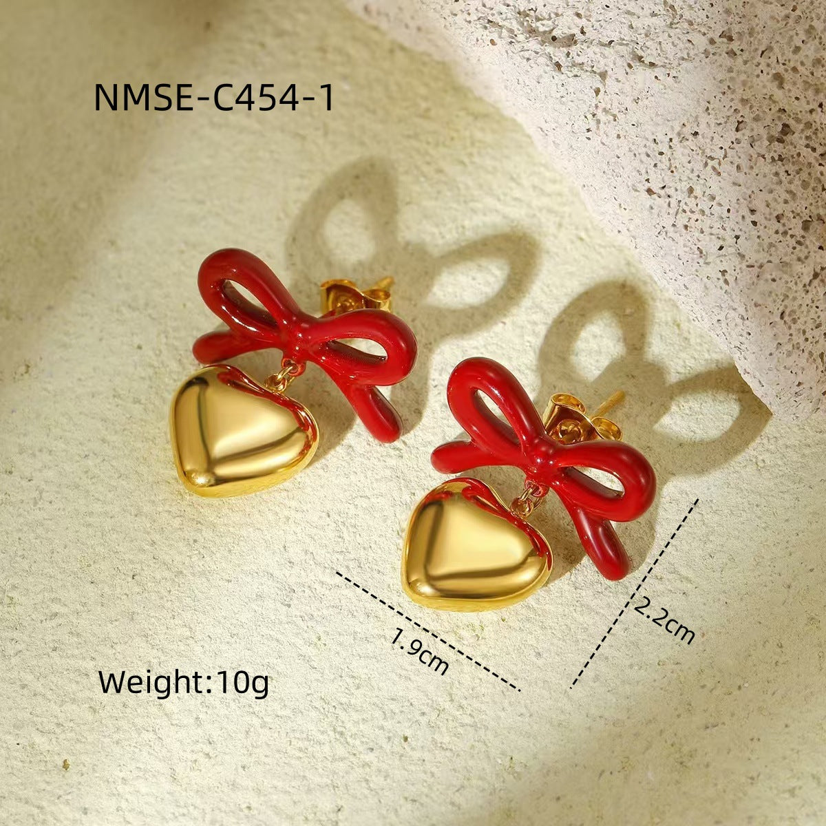 Orecchini da donna alla moda in acciaio inossidabile con fiocco e a forma di cuore, placcati in oro 18 carati e finitura smaltata
