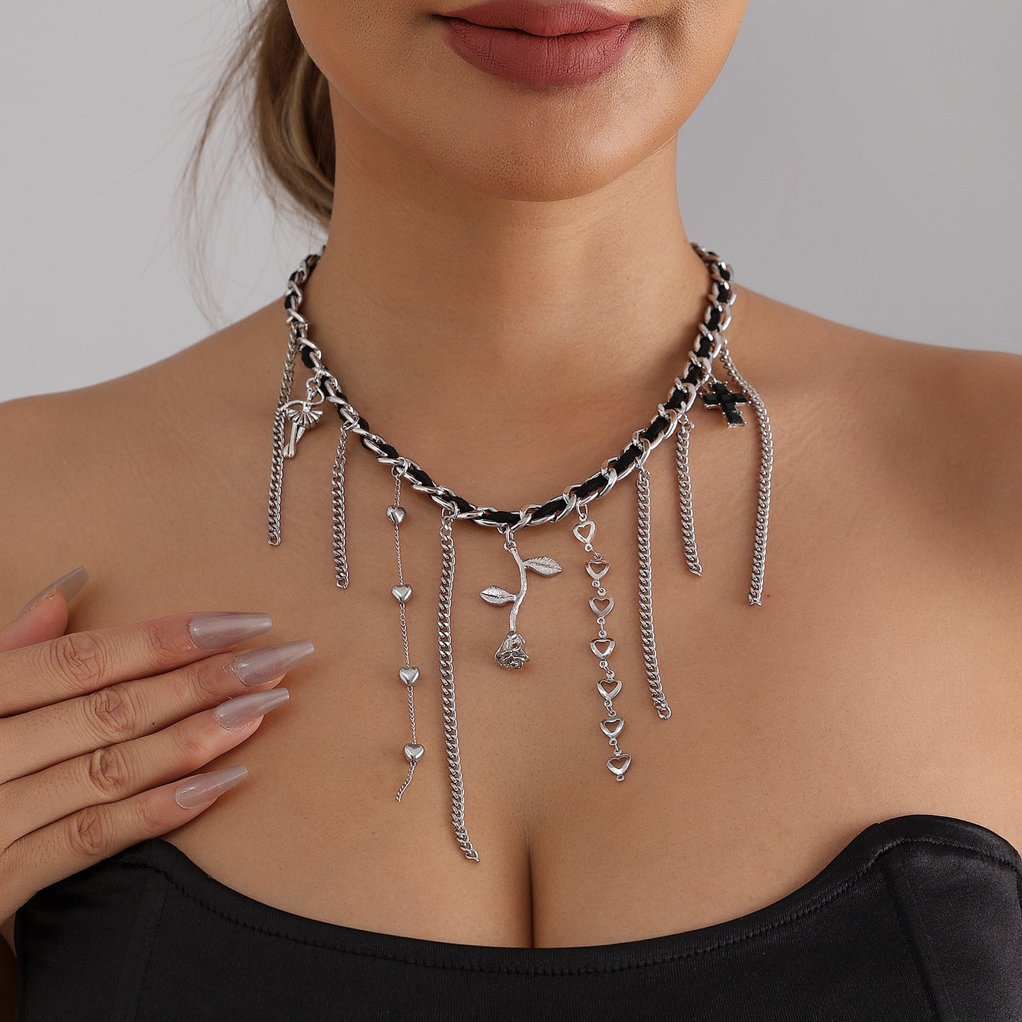 Casual Alloy Plated Cross Heart Geometric Floral Pendant Necklace with Tassel for Women