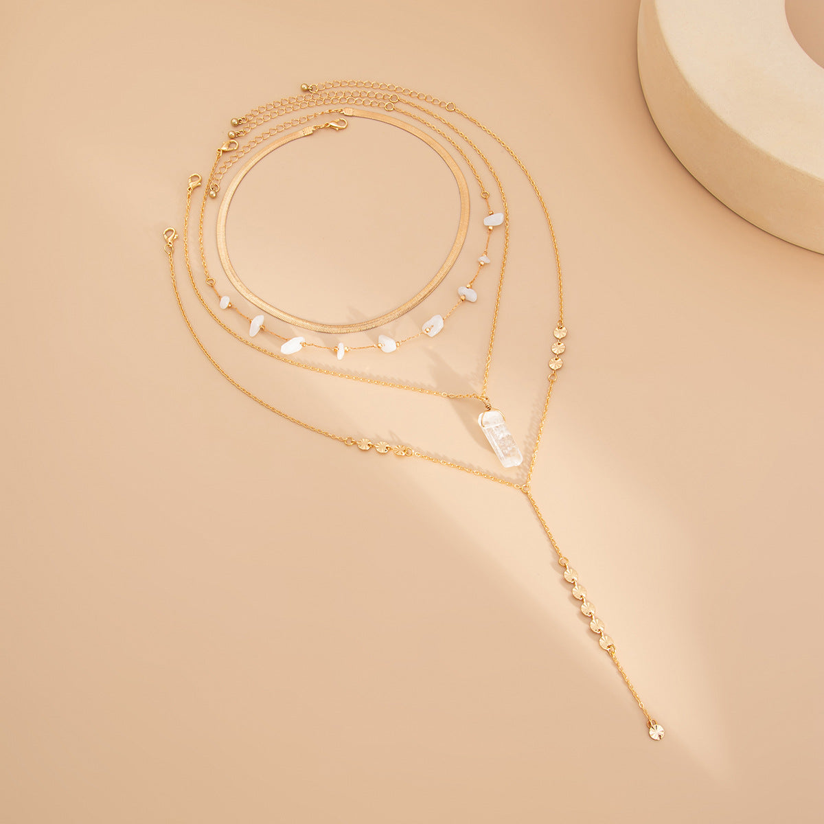 Bohemian Vintage Geometric Round Crystal Plated Brass Multi-layer Snake Chain Necklace for Women