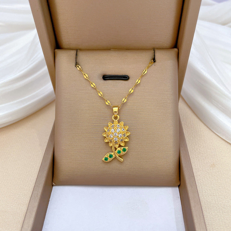 Luxury Titanium Steel Leaf Sunflower Rhinestone Collar Chain Necklace for Unisex