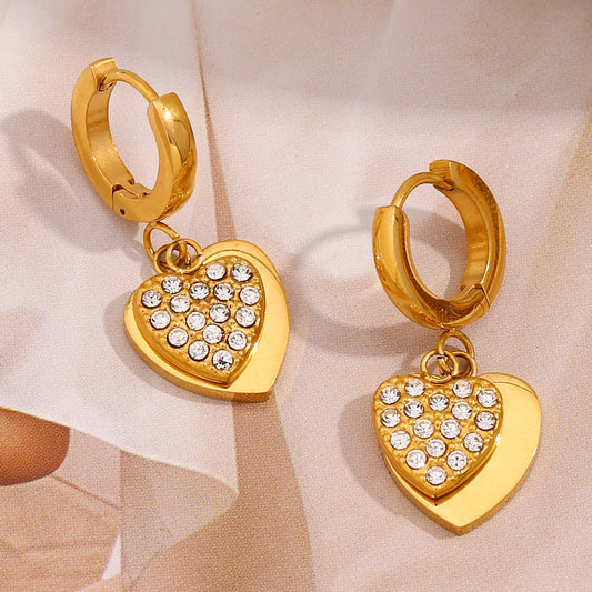 Pendientes minimalistas de acero inoxidable con forma de corazón, chapados en oro de 18 quilates y con circonitas, para mujer