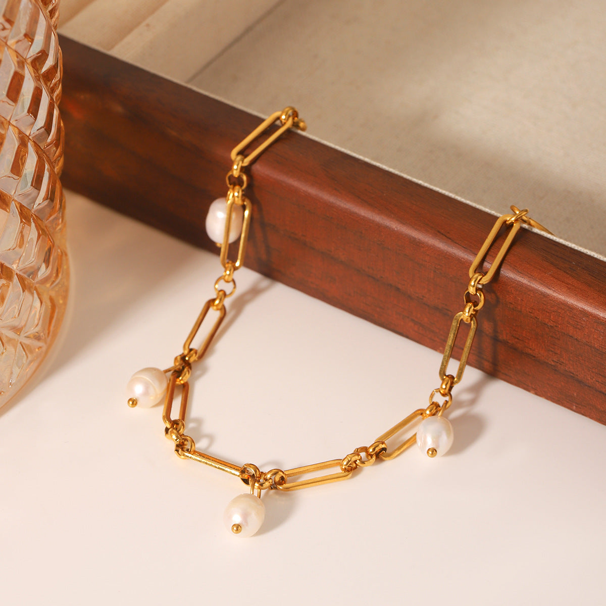 Minimalist Geometric Stainless Steel Bracelet with 18K Gold Plating and Freshwater Pearls for Women