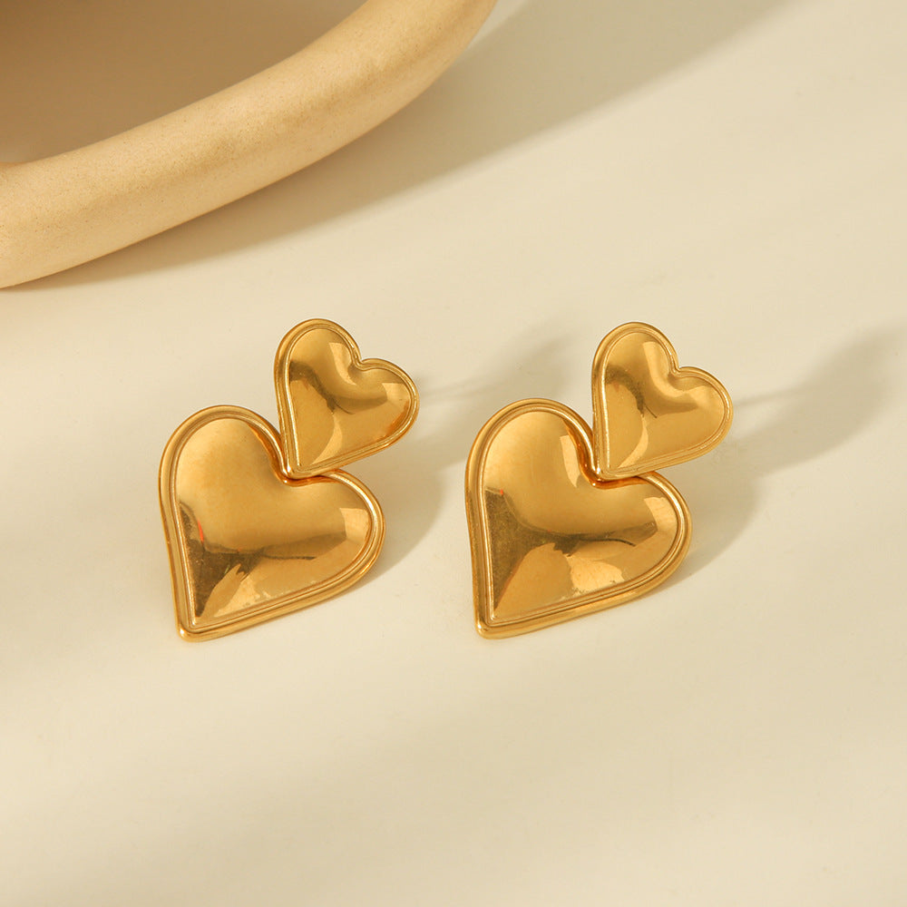 INS Style Heart-Shaped Stainless Steel Earrings with Hammered Texture and 18K Gold Plating for Women