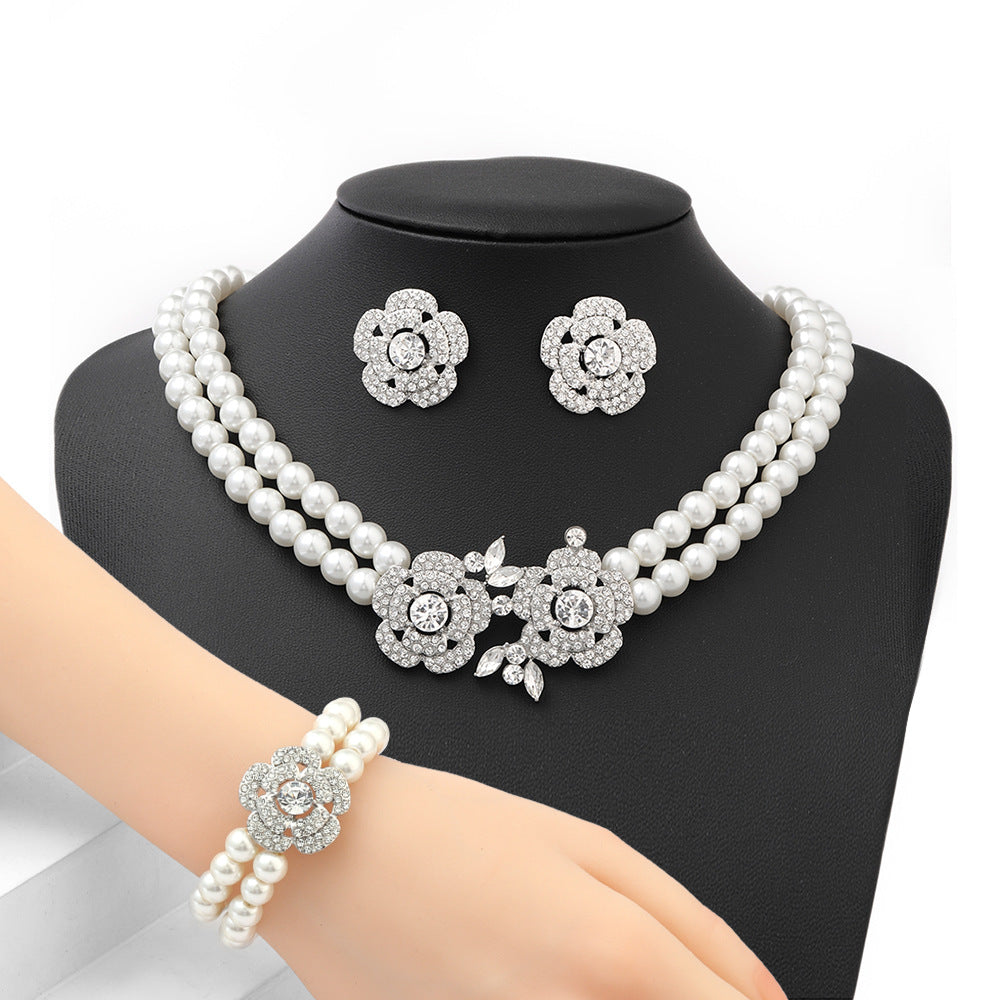 Juego de collar unisex de perlas de imitación con forma de hoja de estilo natural y cadena de serpiente con incrustaciones de diamantes de imitación