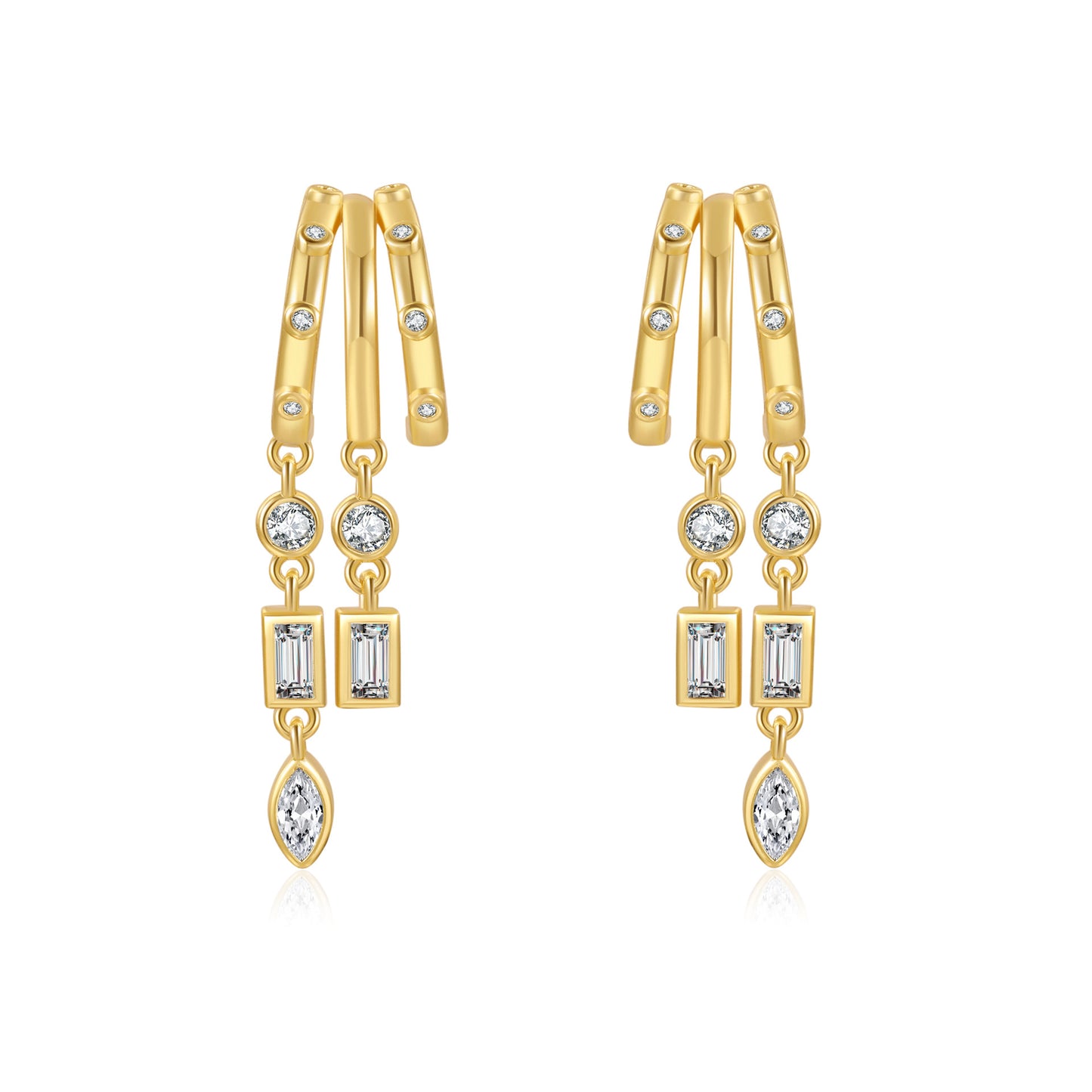 Hip-hop Gold Plated Brass Teardrop Round Cubic Zirconia Earrings with 925 Sterling Silver Posts for Women