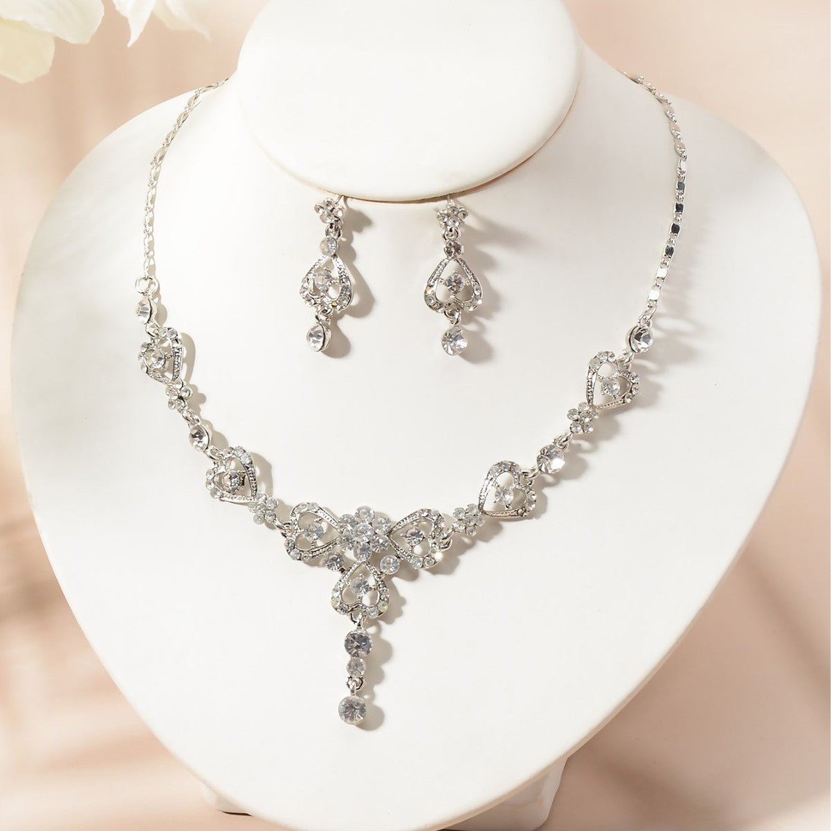 Parure di collana e orecchini floreali eleganti placcati con strass da donna per matrimoni e feste