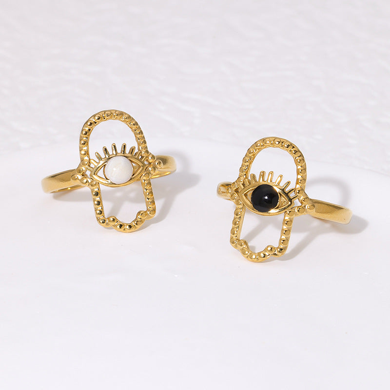 Anello Aperto Minimalista in Acciaio Inox con Occhio di Allah e Mano di Fatima Placcato Oro 18K