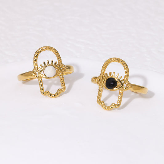 Anillo Abierto Minimalista de Acero Inoxidable con Ojo Turco y Mano de Fátima Bañados en Oro de 18K