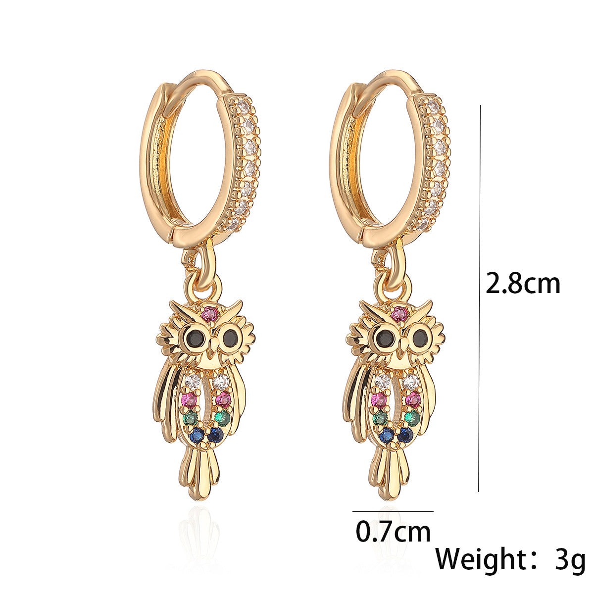 Minimalist Owl-Shaped Copper Earrings with Gold Plating and Zircon Inlay for Women