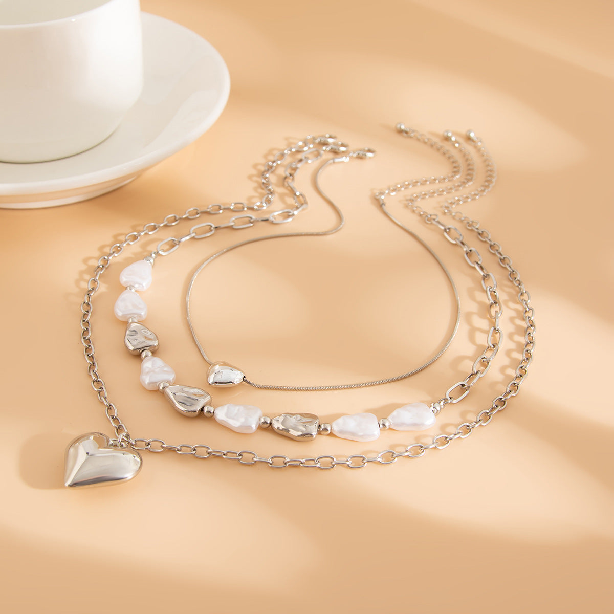 Vintage Baroque Heart Shape Irregular Pearl Tassel Pendant Necklace Set for Women