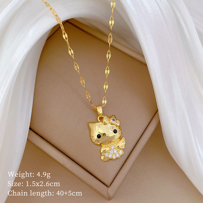 Collana con Pendente Lusso Ali Gatto Strass in Acciaio al Titanio Stile Geometrico Unisex