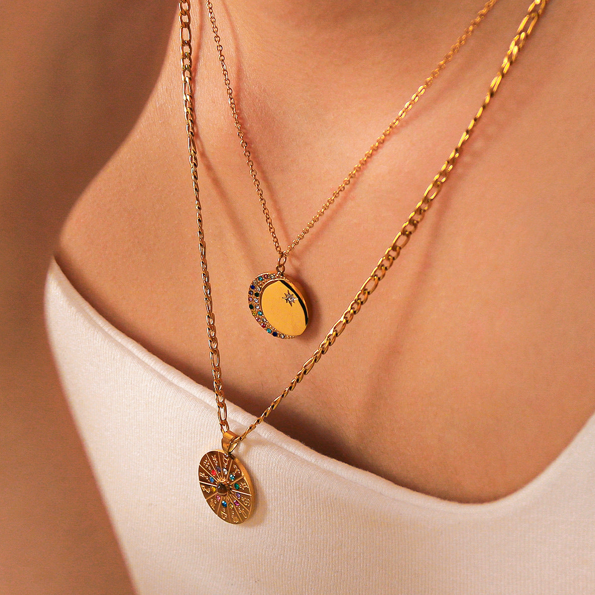 Vintage Zodiac Pendant Necklace for Women Stainless Steel Base with 18K Gold Plating Geometric Shape Cubic Zirconia Inlay Figaro Chain