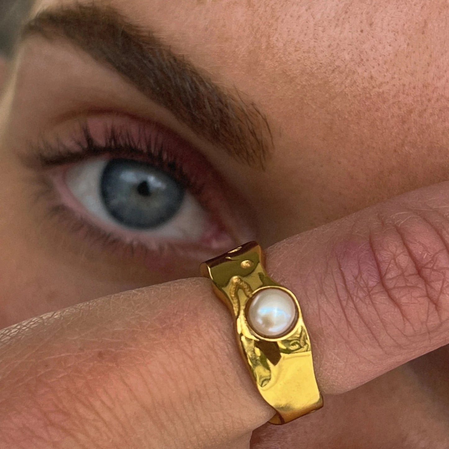 INS Style Geometric Lava Pearl Ring in Stainless Steel with 18K Gold Plating for Women