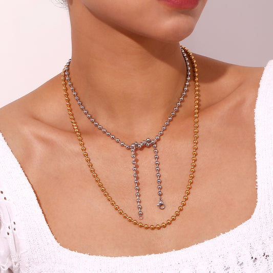 Minimalist Geometric Stainless Steel Plated 18K Gold Necklace for Women with 4mm Beads and Round Pendant