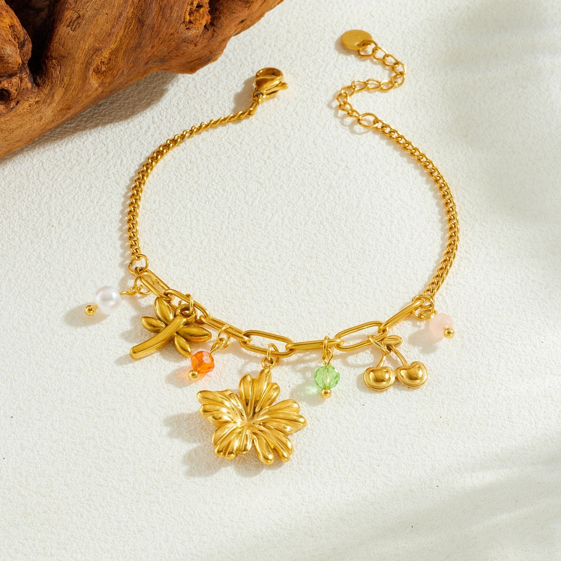 Sweet Gold Plated Floral Butterfly and Cherry Blossom Stainless Steel Bracelet with Pearl Ball Chain for Women