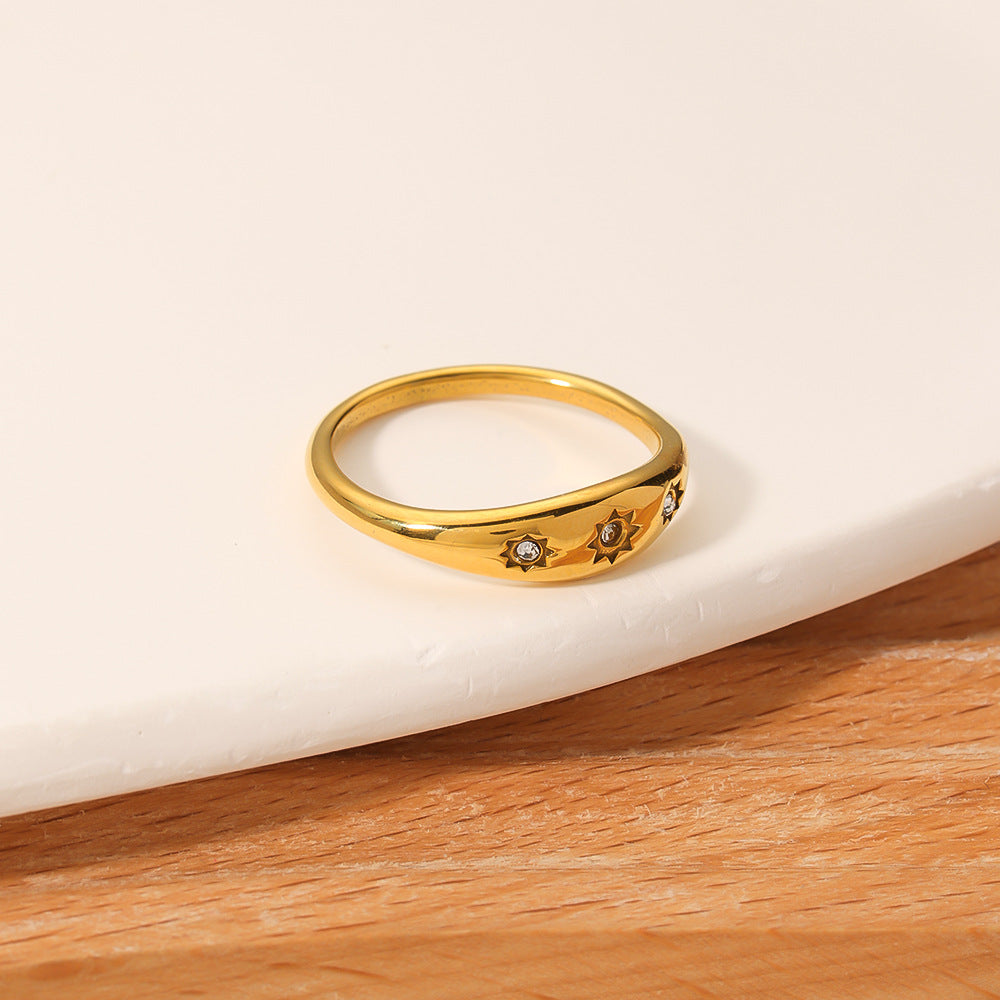 Vintage French Round Geometric Ring 18K Gold Plated Titanium Steel White Zircon Inlay Women